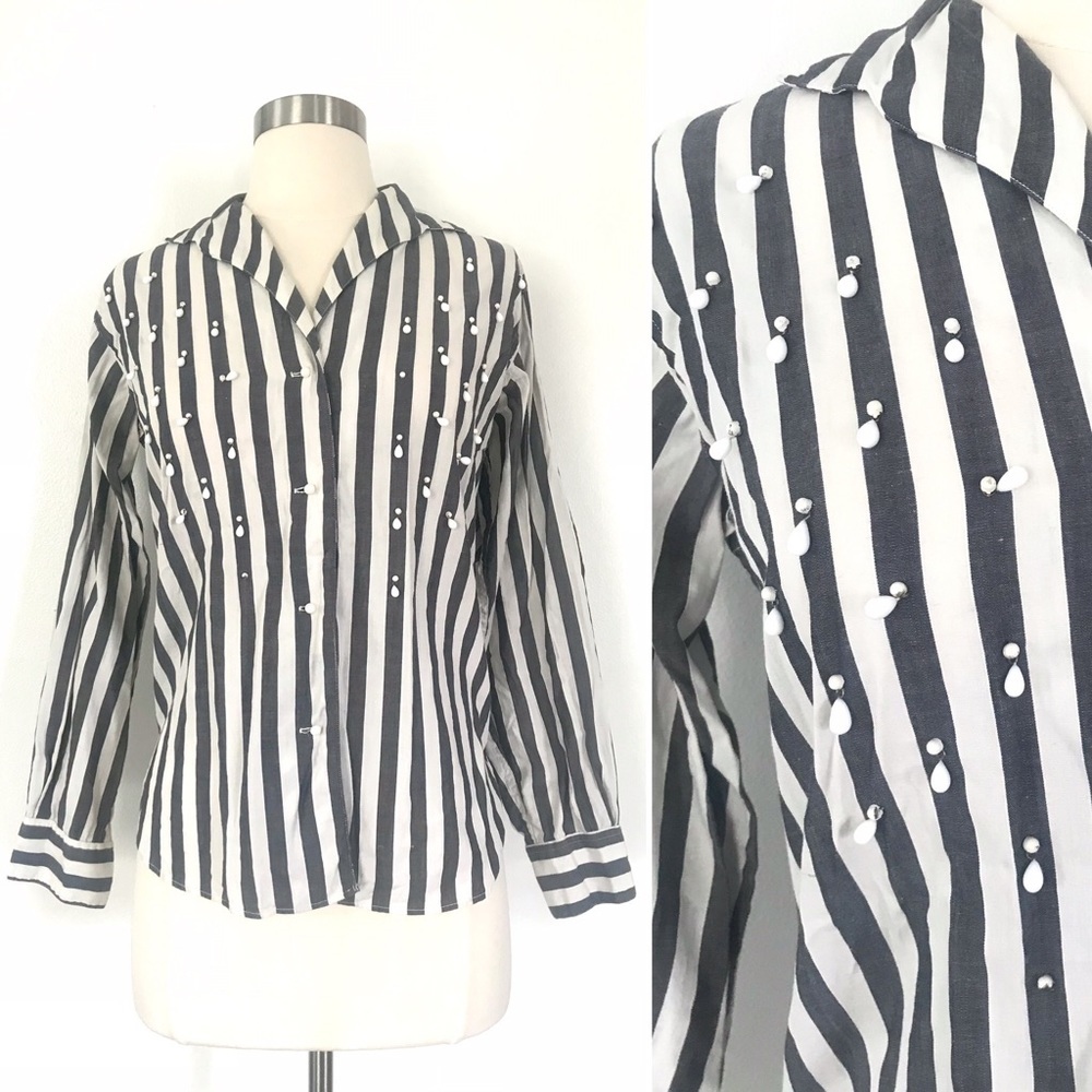 Vintage 1950’s grey & white striped beaded shirt top blouse